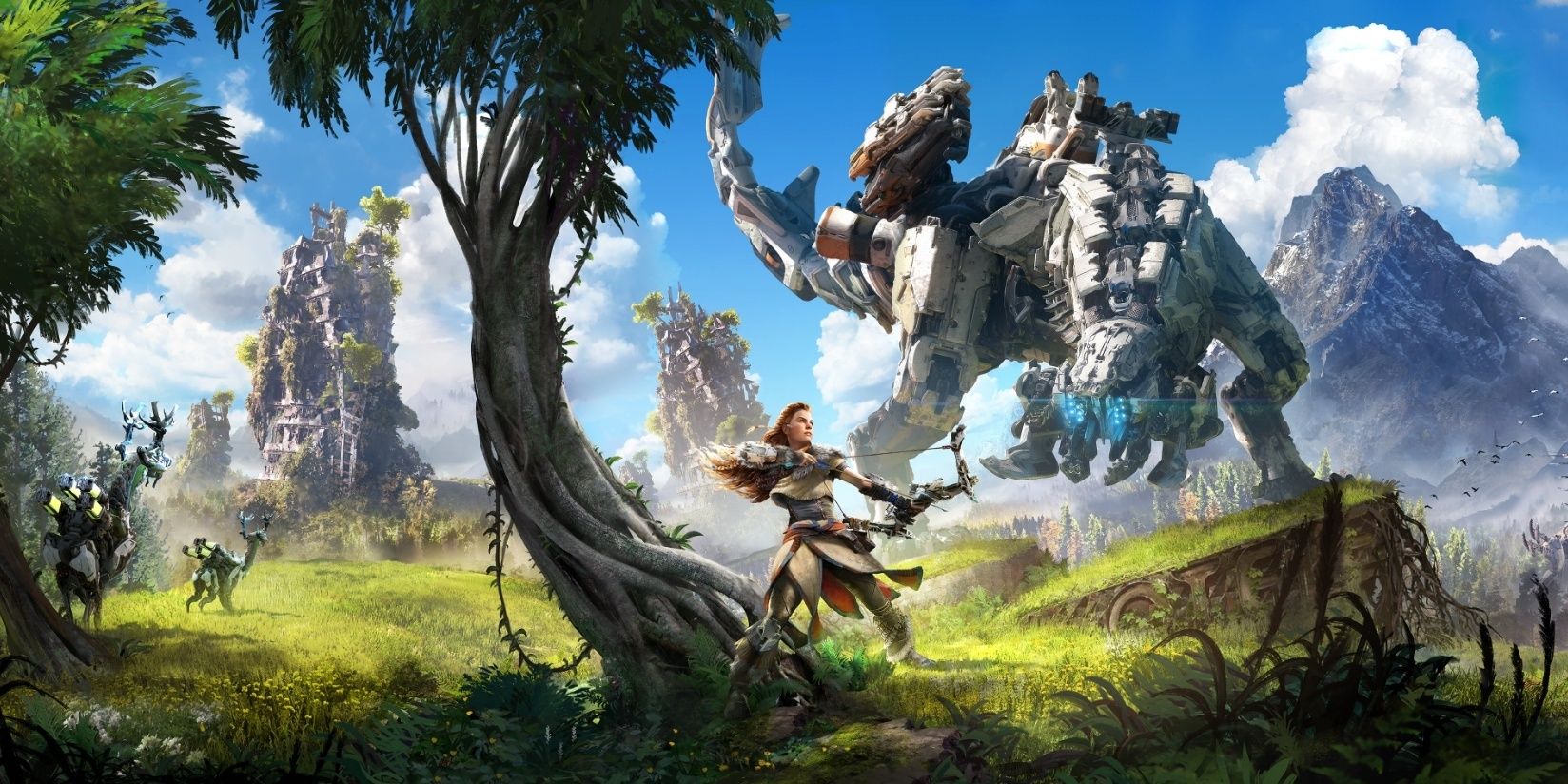 Aloy surrounded by machines in the cover art of Horizon Zero Dawn