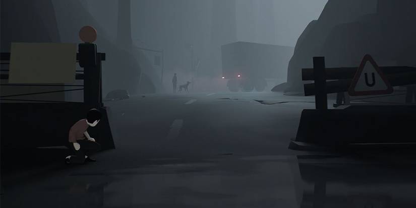 Inside Video Game Child Hiding from Guards and Dog at Roadblock