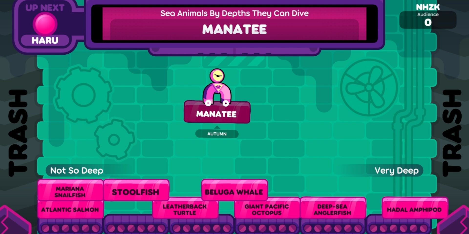 A player sorting "Manatee" into "Sea Animals By Depths They Can Dive" in Quixort