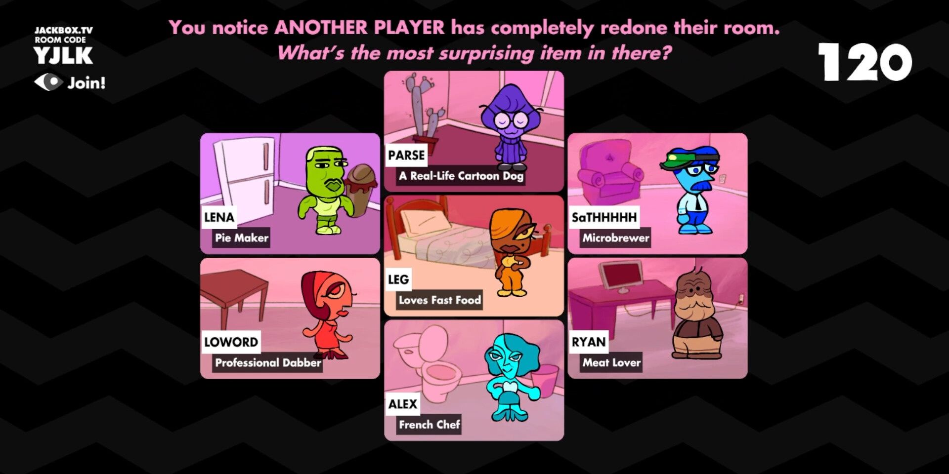Different characters in Roomerang sitting in individual rooms answering to the prompt "You notice Another Player has completely redone their room. What's the most surprising item in there?"