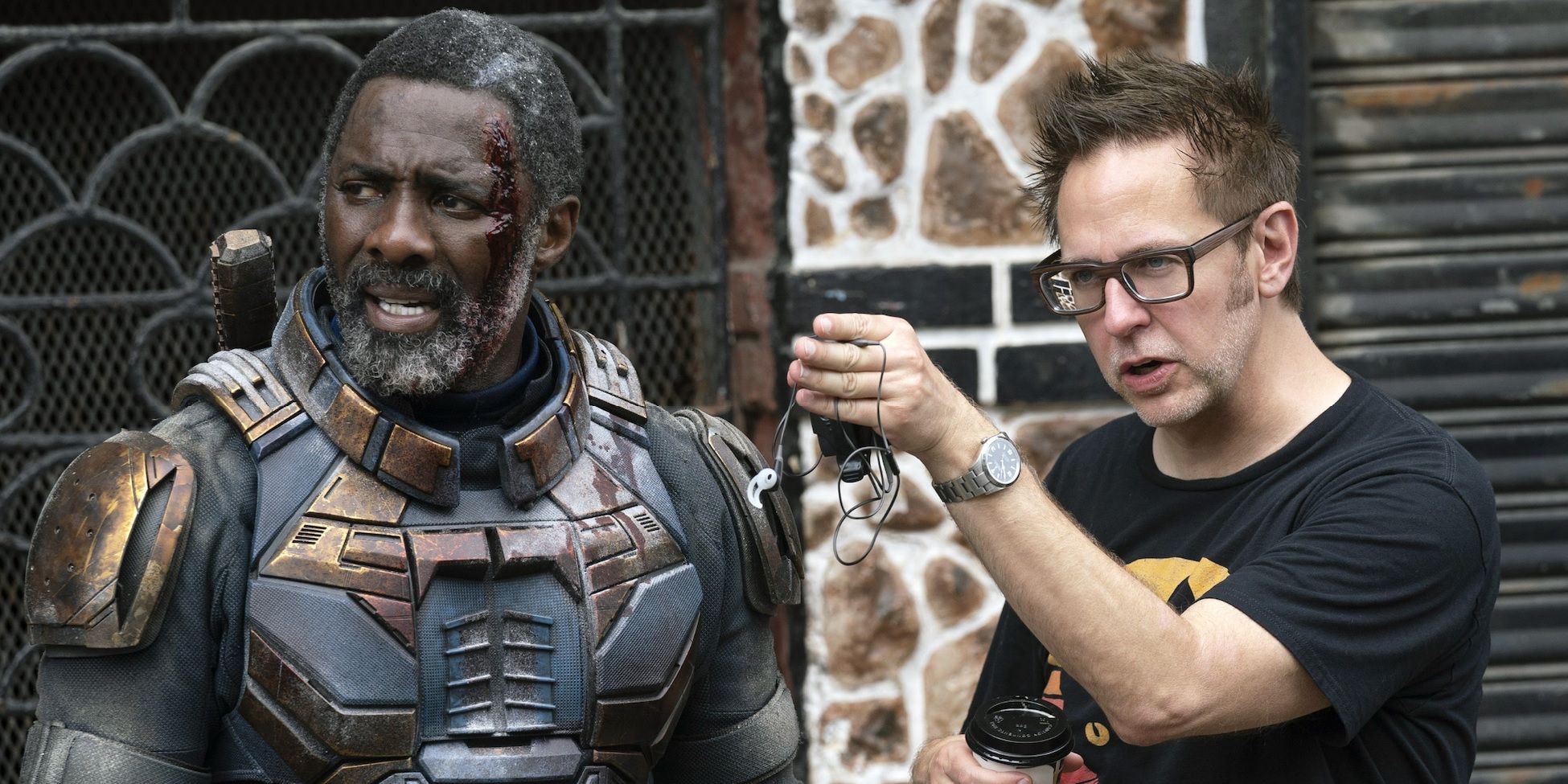 James Gunn on the set of The Suicide Squad with Idris Elba