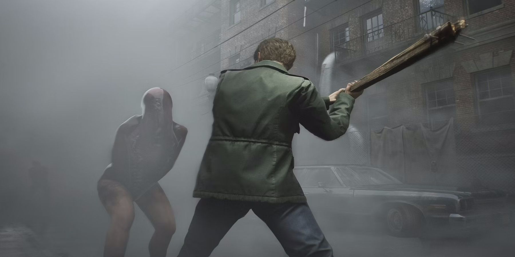 Screenshot from the Silent Hill 2 remake showing James Sunderland attacking a monster