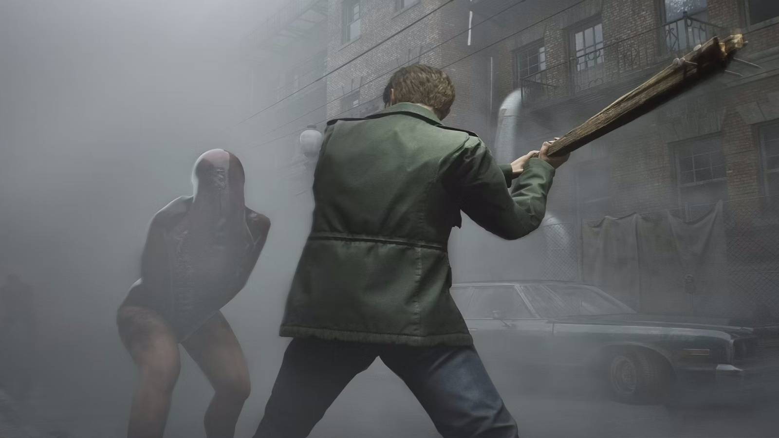 Screenshot from the Silent Hill 2 remake showing James Sunderland attacking a monster