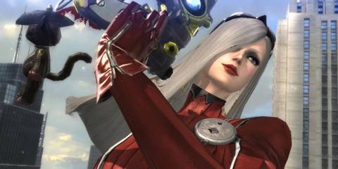 close up of Jeanne from Bayonetta 2 holding up a gun with a keychain of a cat on it