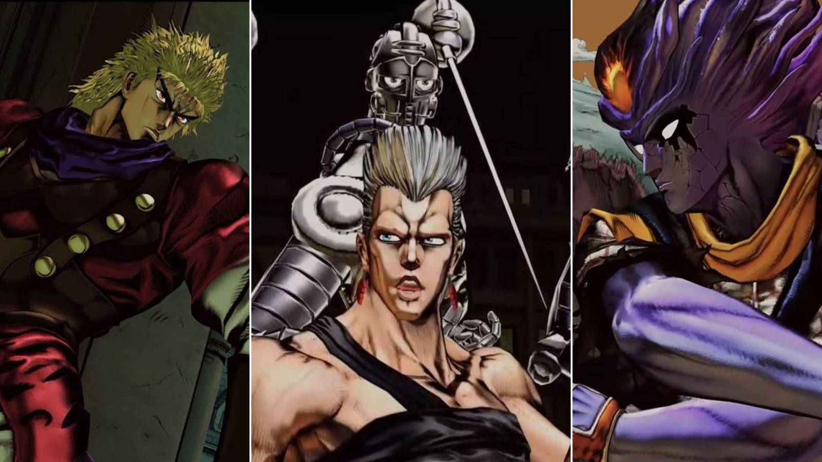 split image of Dio Brando, Jean Pierre Polnareff and Ikuro Hashizawa, characters from Jojo's Bizarre Adventure: All Star Battle R