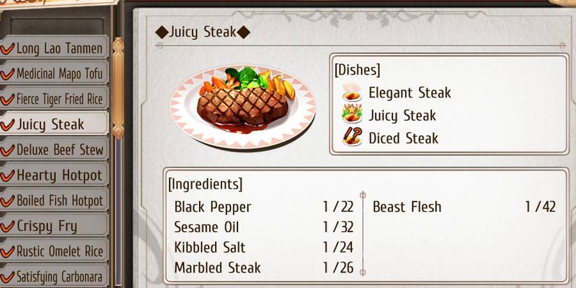 Juicy Steak recipe and ingredient list