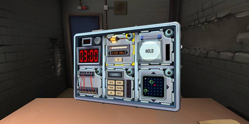 A bomb with a button panel, a Morse code panel, a wire panel, a keyword panel, and a maze panel in Keep Talking And Nobody Explodes