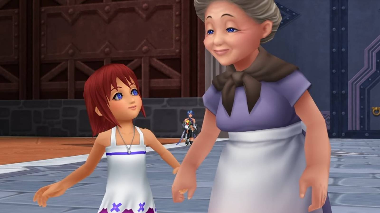Kairi holding her grandma's hand as they walk through Hollow Bastion