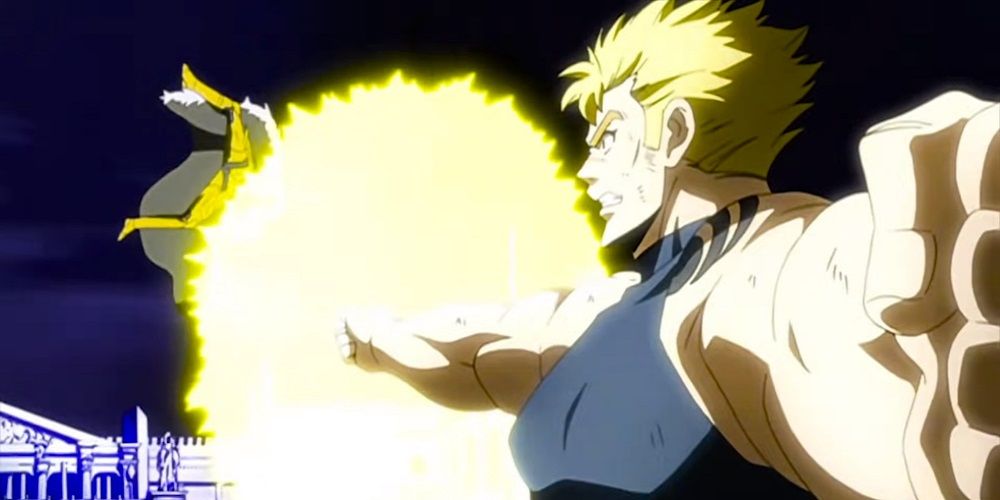 Laxus using a lightning attack against Ivan in Fairy Tail