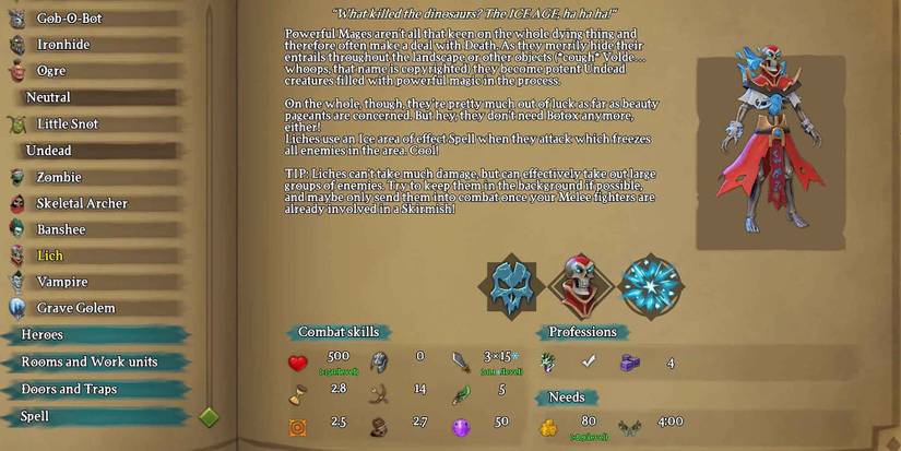 The Almanac entry for the Lich in Dungeons 3