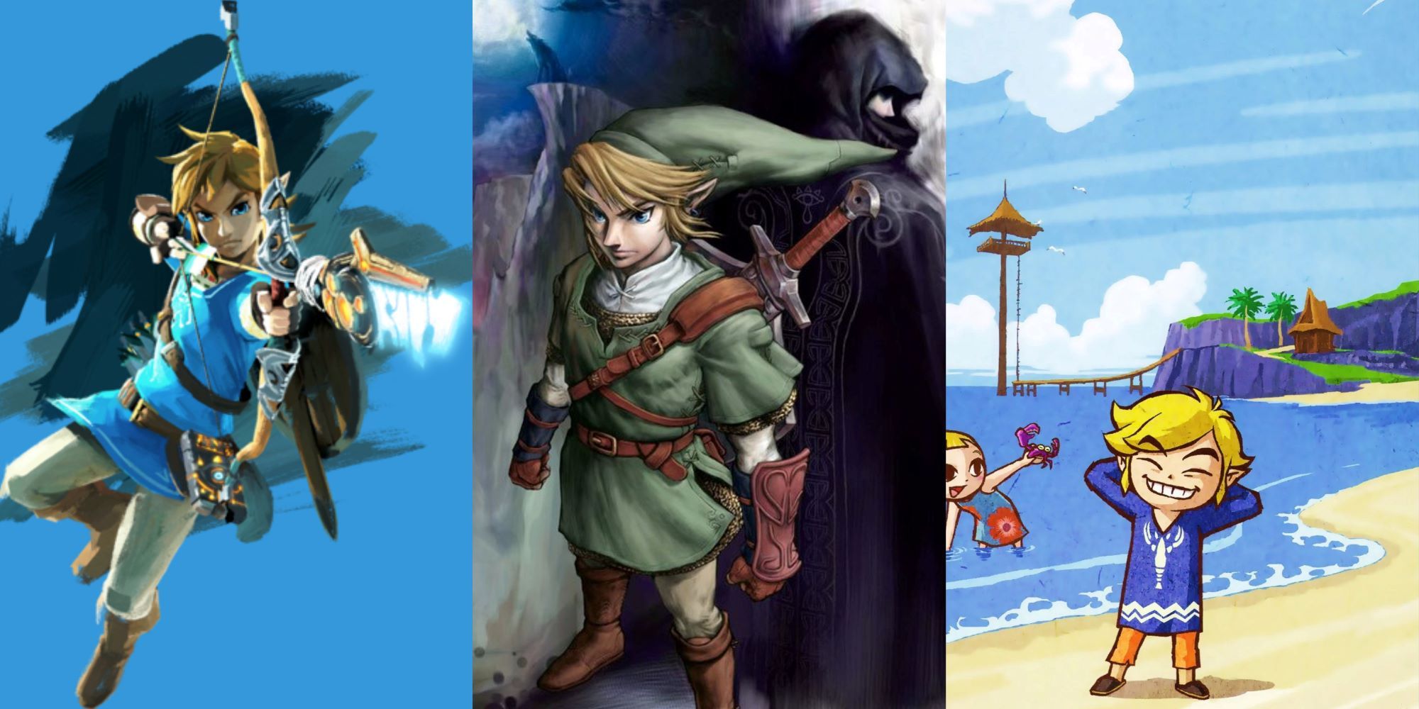 Left - Link from Breath of the Wild, Center - Link from twilight Princess, Right - Link from Wind Waker