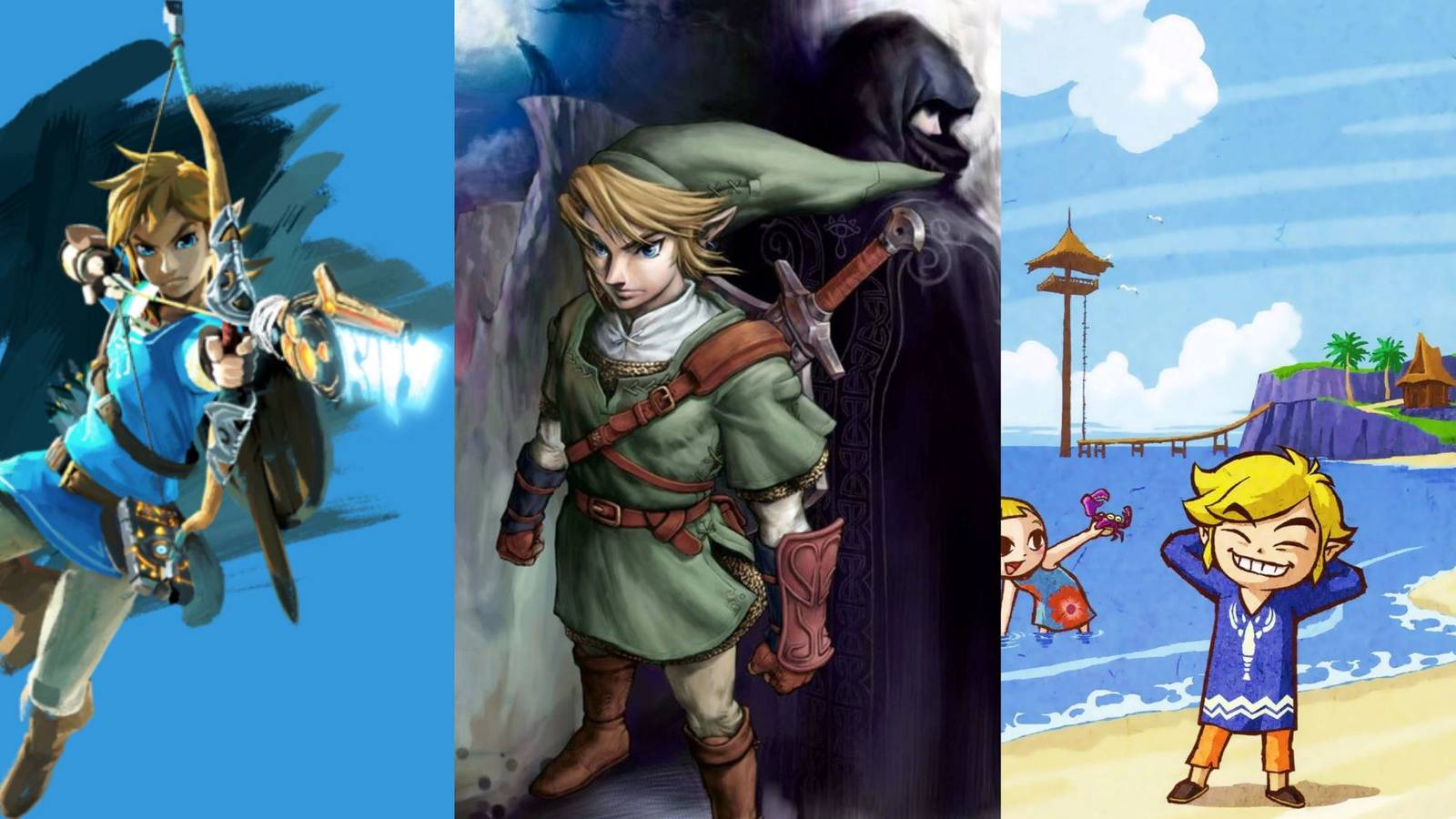 Left - Link from Breath of the Wild, Center - Link from twilight Princess, Right - Link from Wind Waker