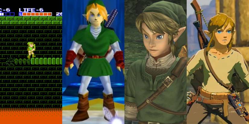 Left - Zelda II: the Adventure of Link, Left Center - The Legend of Zelda: Ocarina of Time, Right Center - The Legend of Zelda: Twilight Princess, Right - The Legend of Zelda: Breath of the Wild
