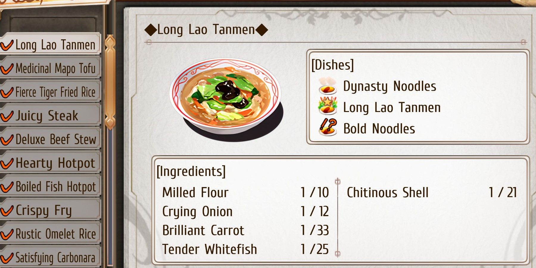 Long Lao Tanmen recipe list