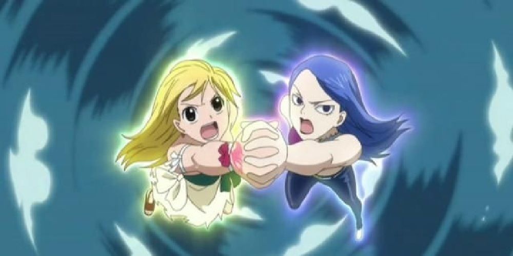 Lucy Heartfilia and Juvia Lockser performing a Unison Raid in the Fairy Tail anime