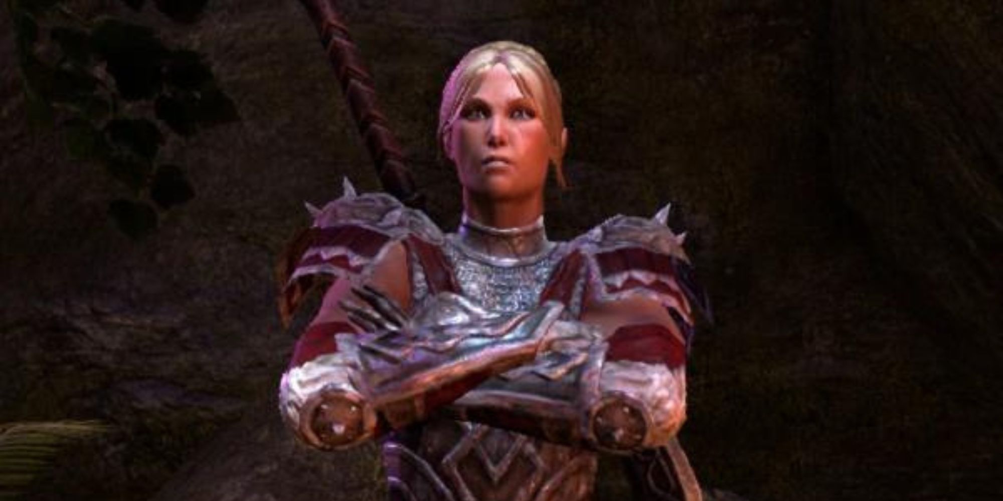 a close up Lyris Titanborn from The Elder Scrolls Online with her arms crossed