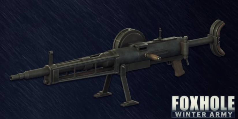 A close up of the Malone MK.2 machine gun from Foxhole with the writing Foxhole Winter Army in the corner