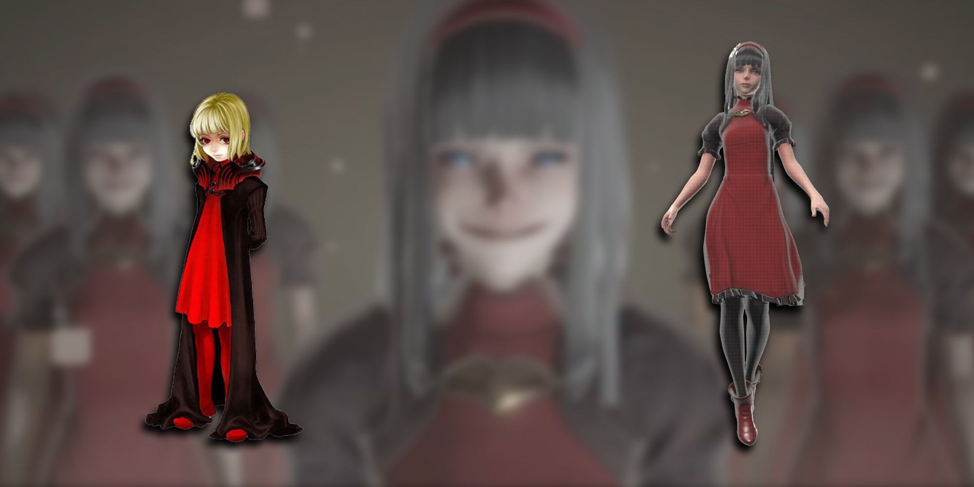 Manah And Red Girl PNGs Overlaid On Image Of Red Girls Smiling Creepily In Nier Automata