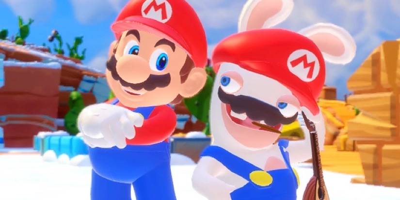 Mario + Rabbids Kingdom Battle Rabbid Mario posing with Mario holding guitar