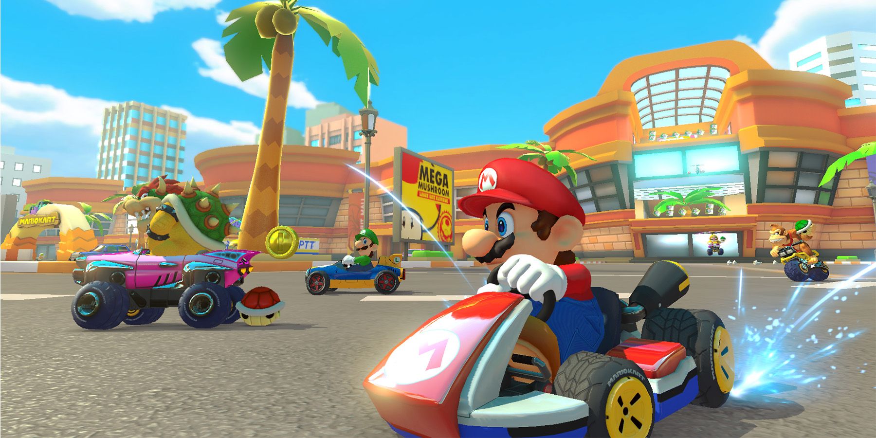 Mario in Kart drifting next to Bowser and Luigi on Mario Kart course