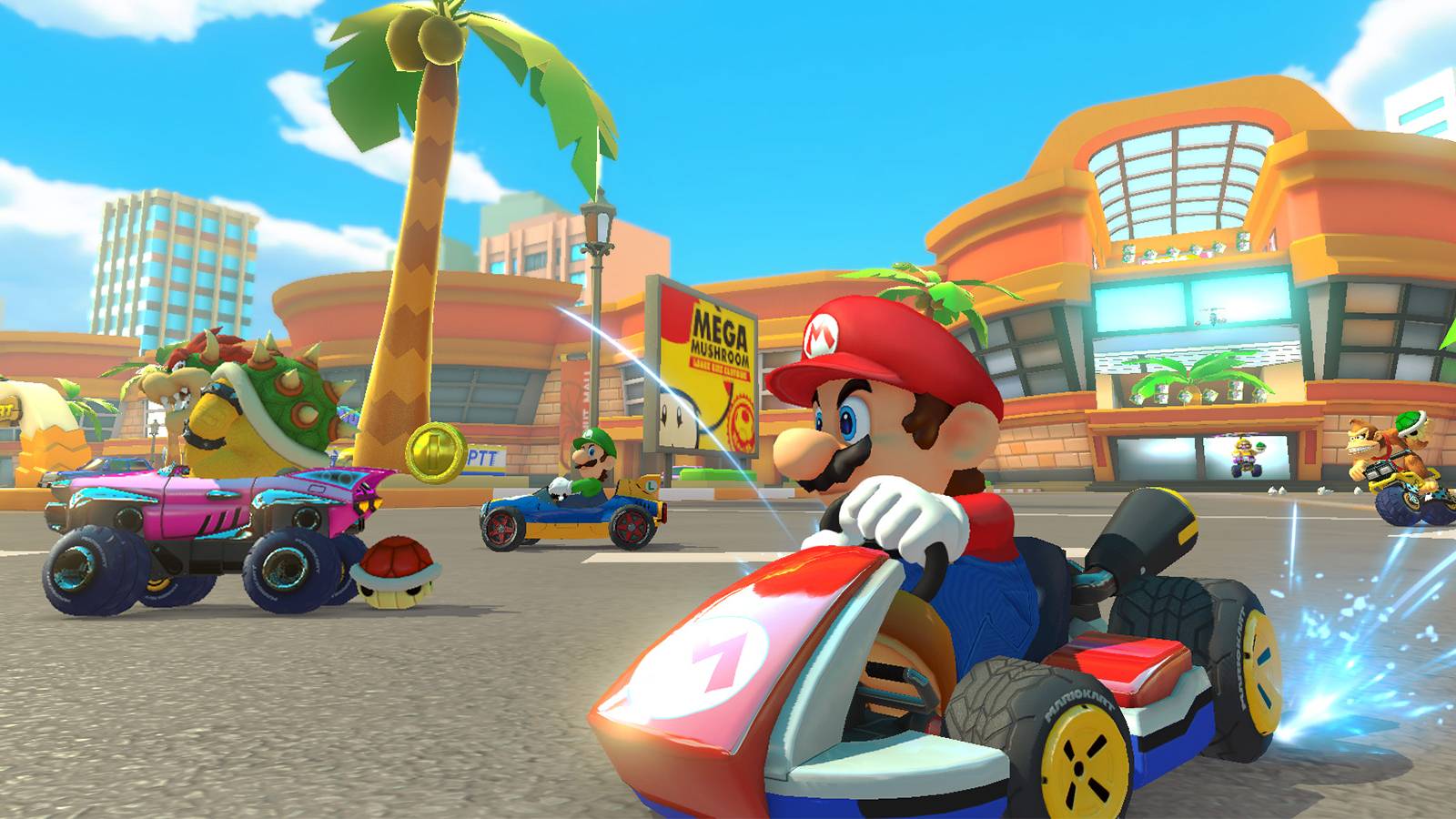 Mario in Kart drifting next to Bowser and Luigi on Mario Kart course