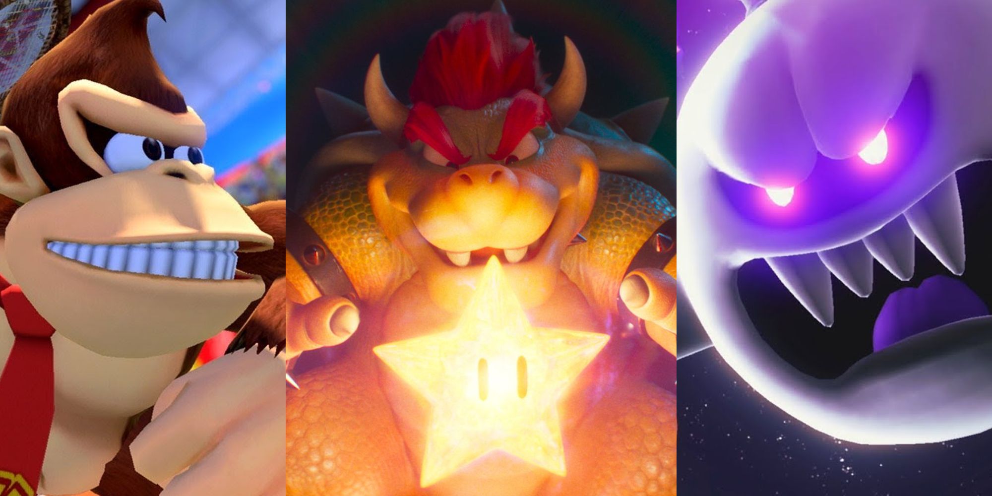 Donkey Kong in Mario & Sonic at the Olympic Games; Bowser in the Mario movie trailer; King Boo in a cutscene from Luigi's Mansion 3