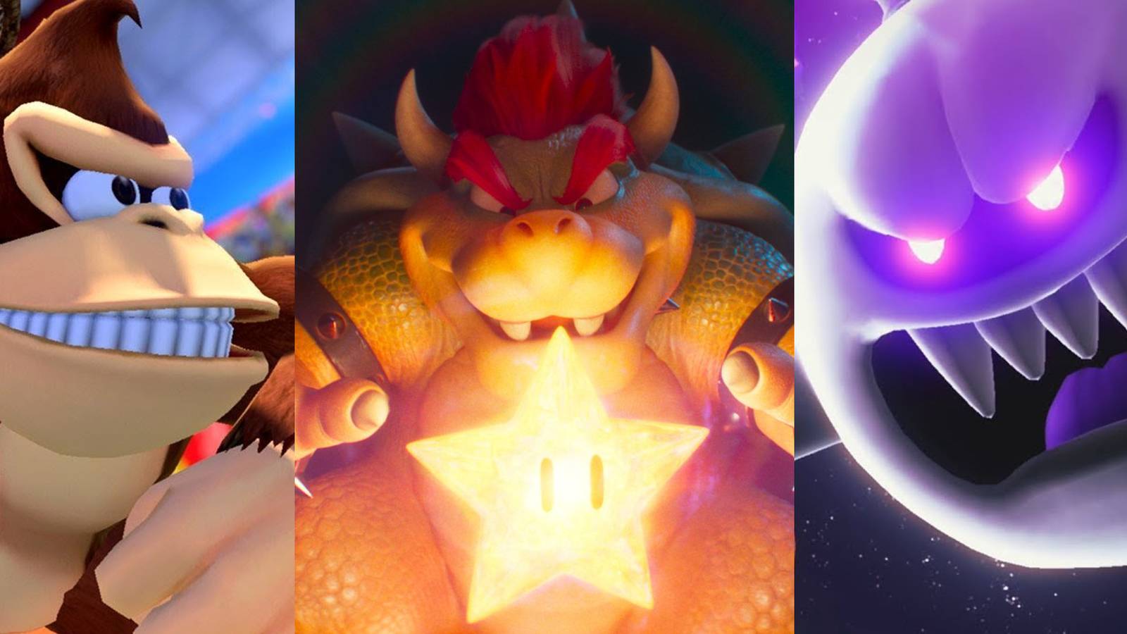 Donkey Kong in Mario & Sonic at the Olympic Games; Bowser in the Mario movie trailer; King Boo in a cutscene from Luigi's Mansion 3