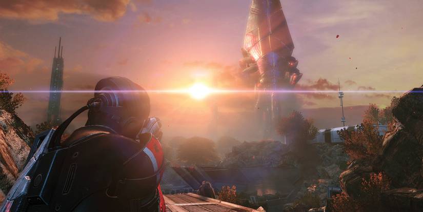 Commander Shepard takes aim at Sovereign lifting off in Mass Effect