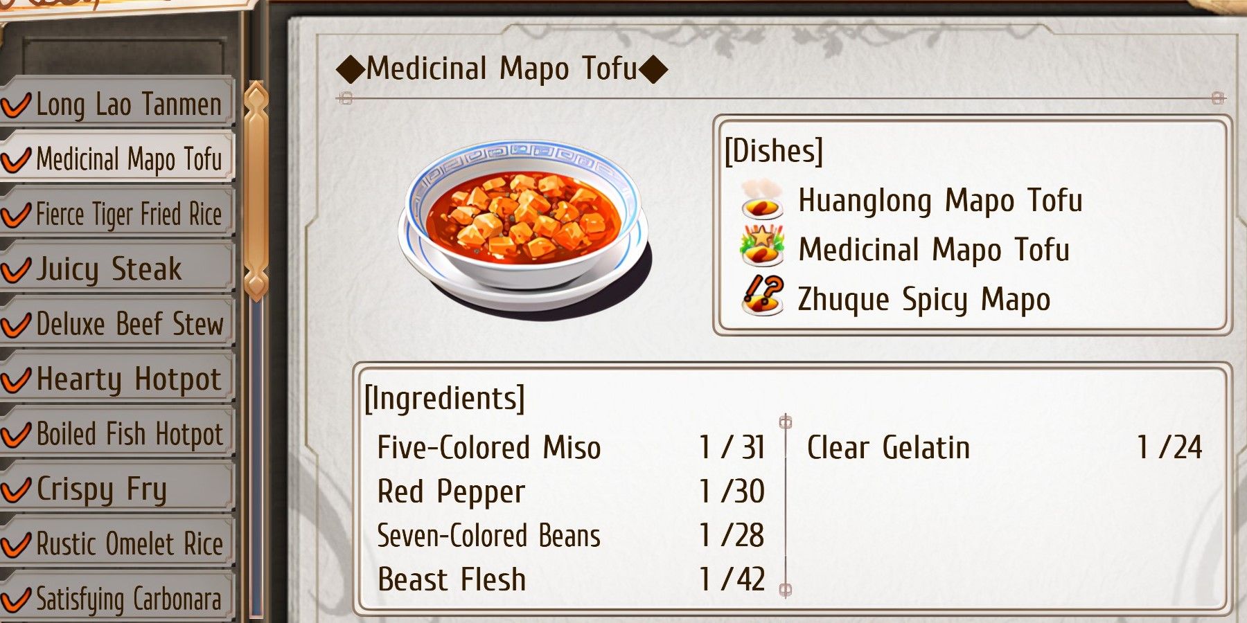 Medicinal Mapo Tofu recipe and ingredient list