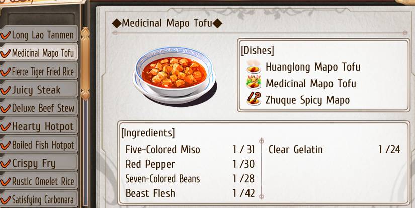 Medicinal Mapo Tofu recipe and ingredient list