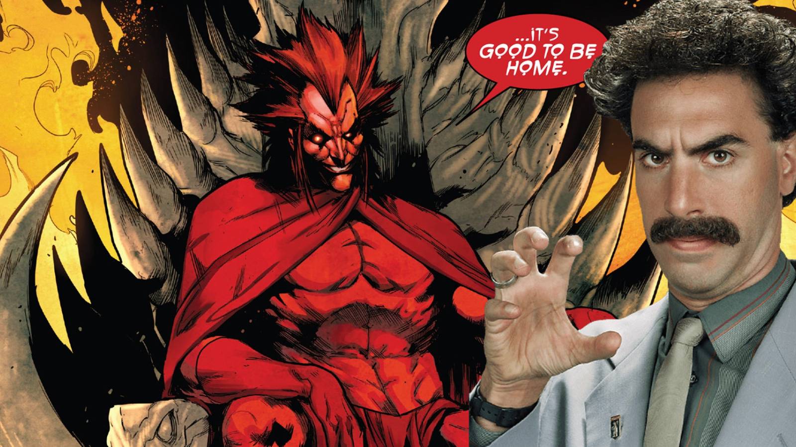 Comic book Mephisto in throne with Sacha Baron Cohen Borat cutout
