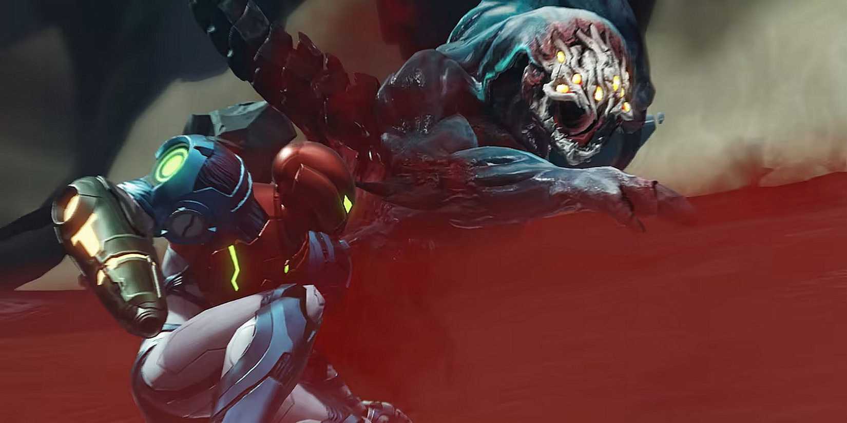 Samus Aran dodging a boss attack in Metroid Dread