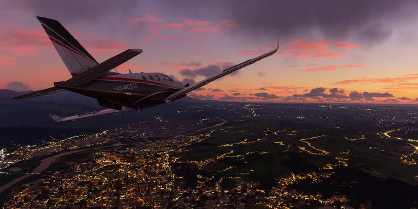 A plane flying at sunset in Microsoft Flight Simulator
