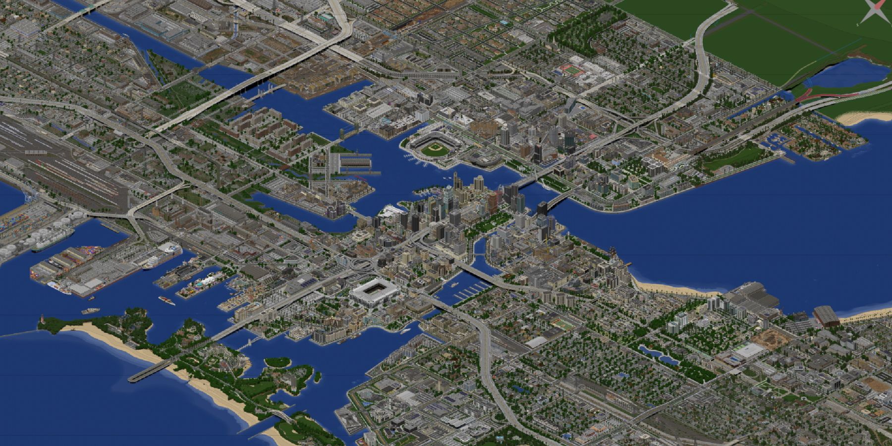 Вид с воздуха на созданный пользователем город Гринфилд в Minecraft.