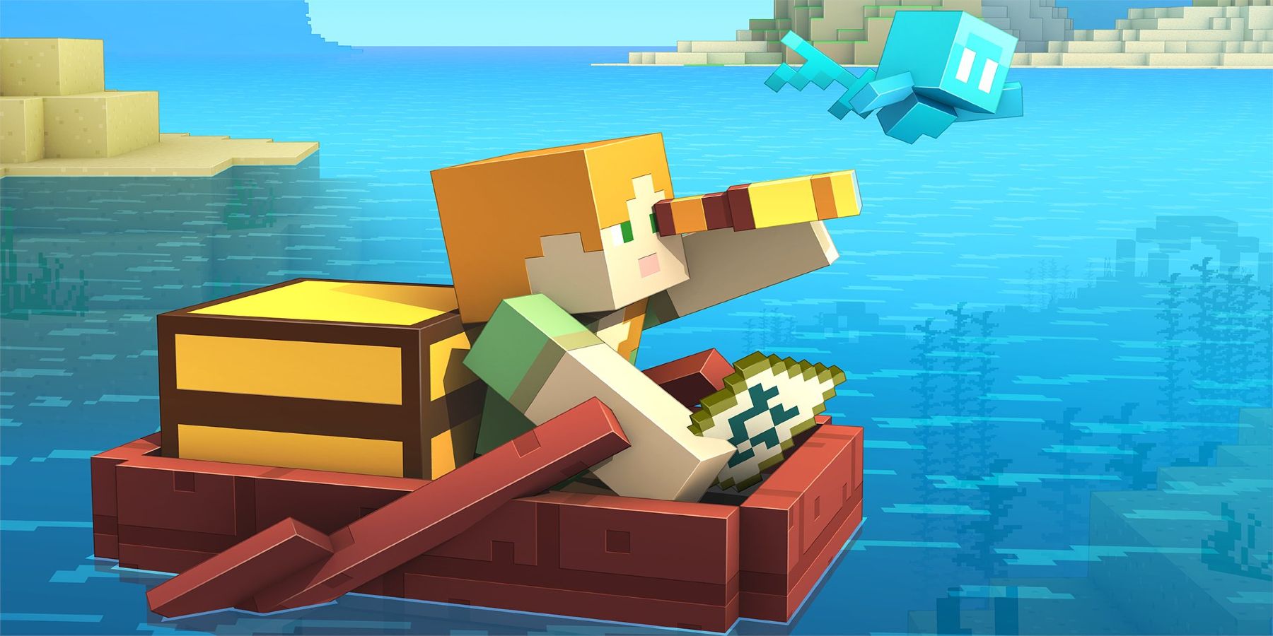 Minecraft's Alex in a boat with a chest, holding a map and amber spyglass as it sails the ocean with an allay.