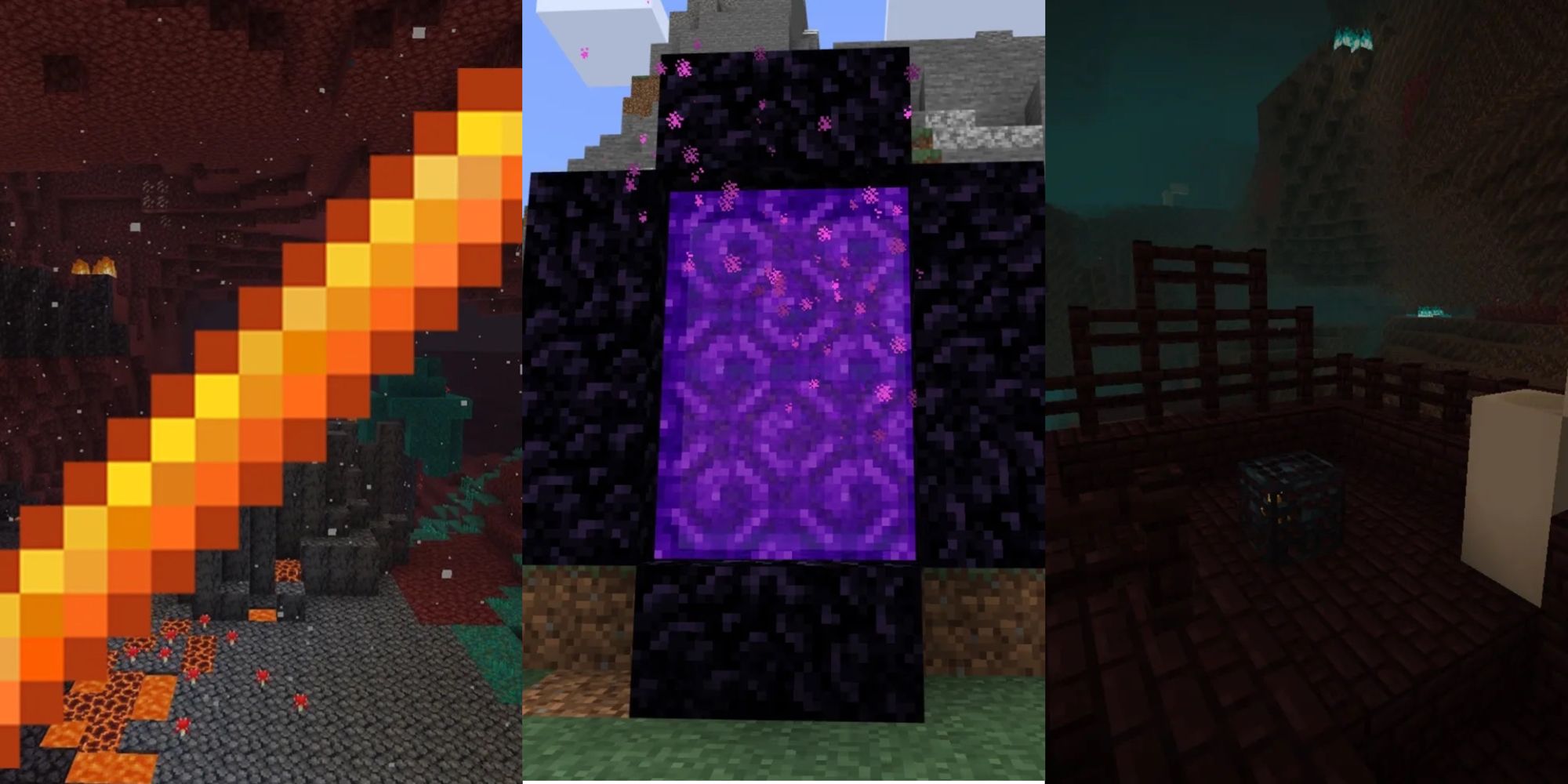 A split image with a Minecraft blaze rod, Nether Portal, and blaze spawner