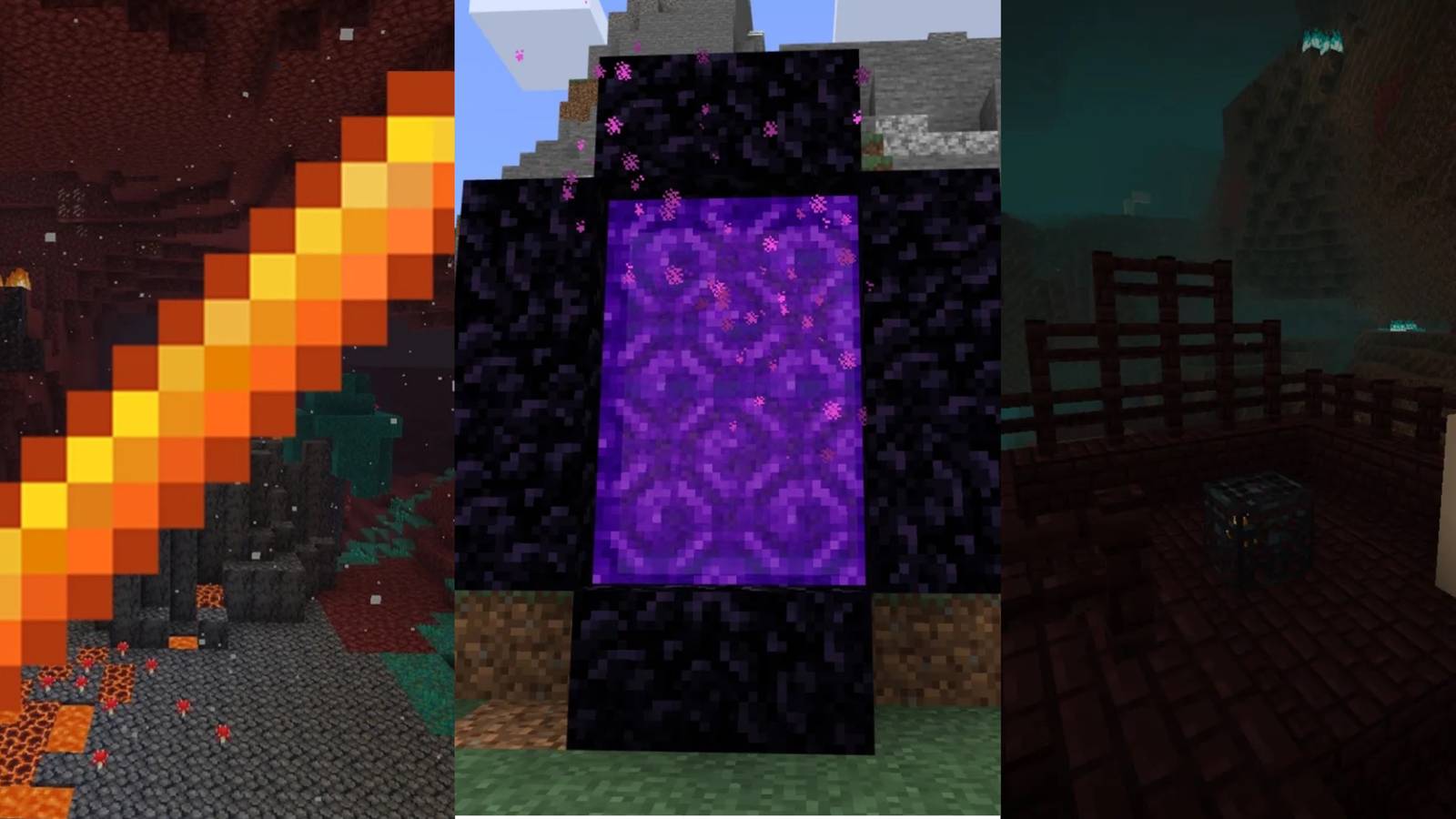 A split image with a Minecraft blaze rod, Nether Portal, and blaze spawner