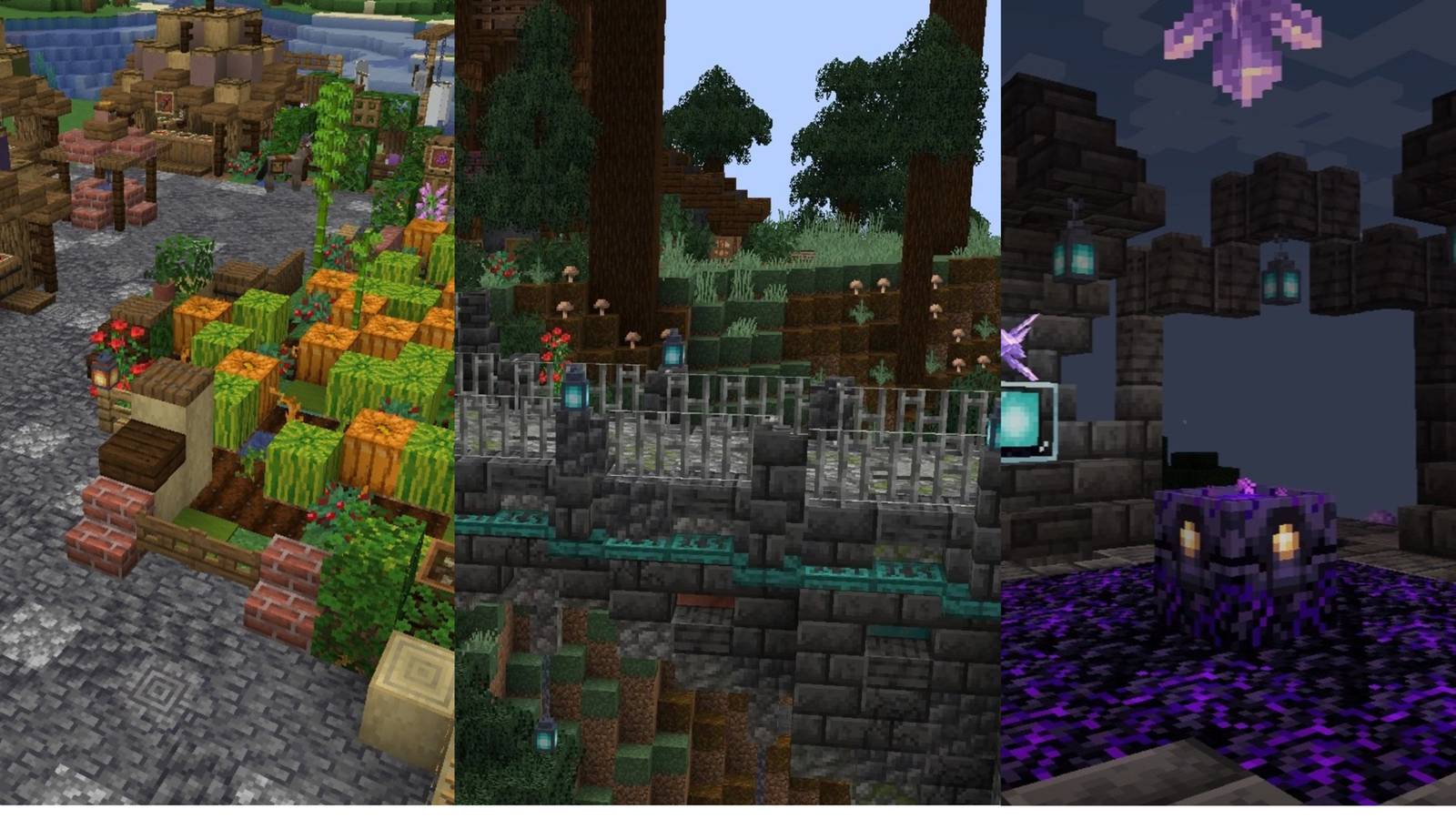 Split image of deepslate path, bridge, and magical altar in Minecraft