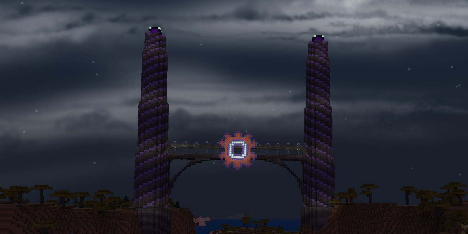 Two deepslate towers with a connecting bridge in Minecraft