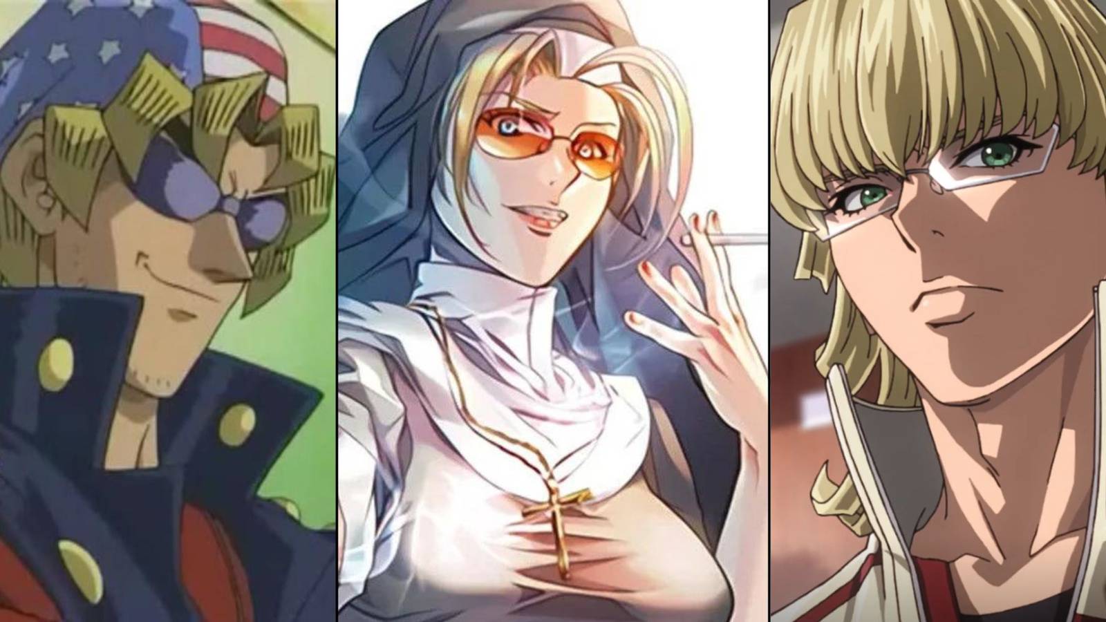 Split image of Keith from yu gi oh, eda from black lagoon and barnaby brooks from tiger and bunny