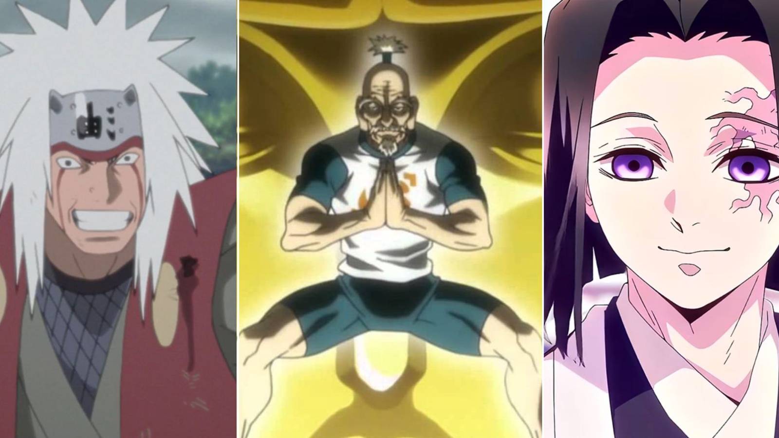 3 way image of Jiraiya from Naruto, Netero from Hunter x Hunter, and Ubayashiki from Demon Slayer