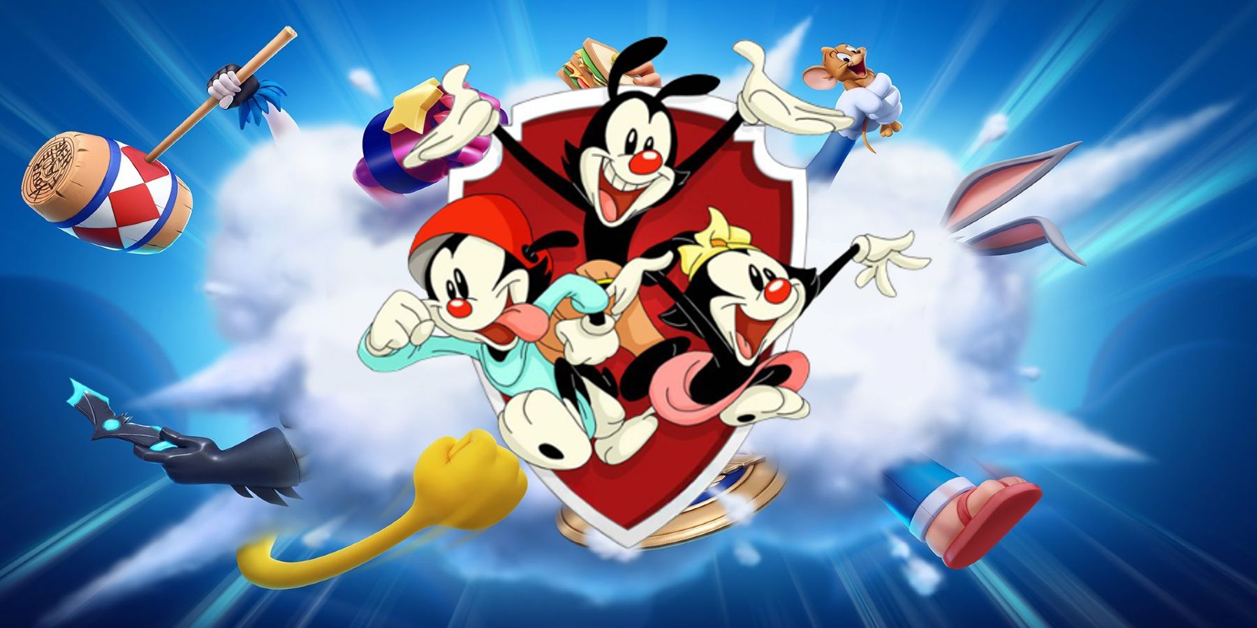 The Animaiacs, consisting of Yakko, Wakko, and Dot, over the MultiVersus background.