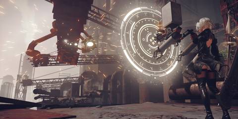 2B uses her Pod to unleash a devastating attack in NieR: Automata