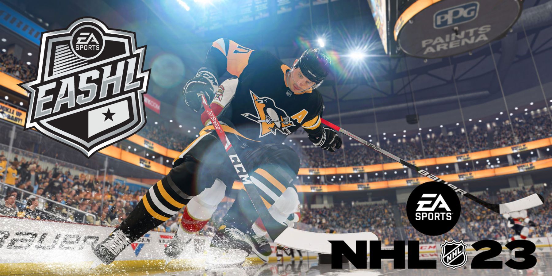 Players tussling on NHL 23 cover picture