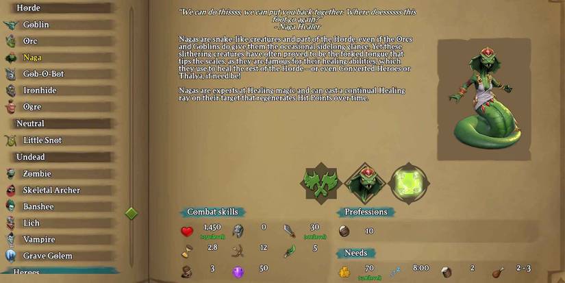 The Almanac entry for the Naga in Dungeons 3