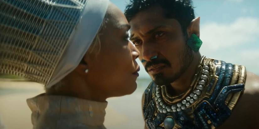 Tenoch Huerta as Namor threatening Angela Bassett Queen Ramonda in Black Panther: Wakanda Forever