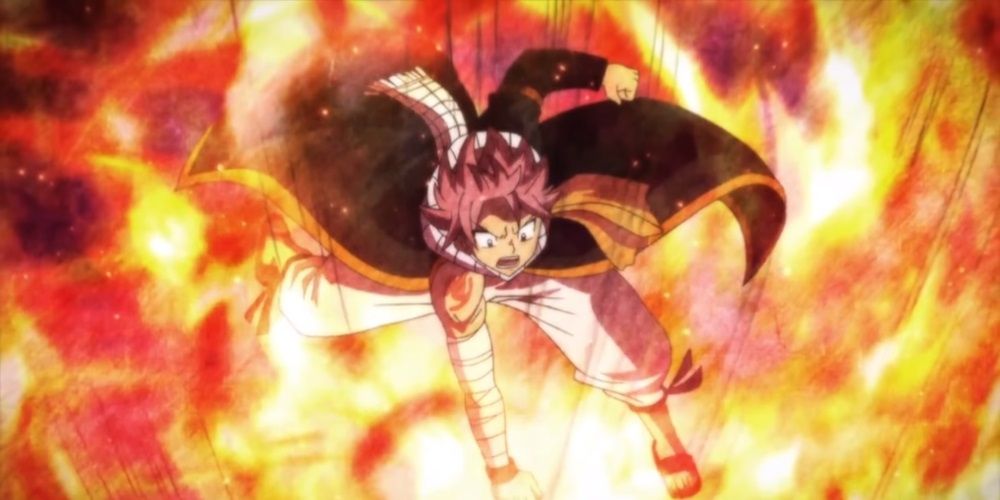 Natsu using Flame Dragon King's Destruction Fist on Ikutsa-Tsunagi in the Fairy Tail anime