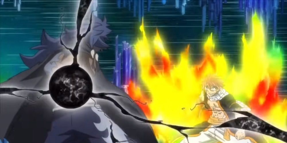 Natsu fighting Acnologia in the time rift in the Fairy Tail anime
