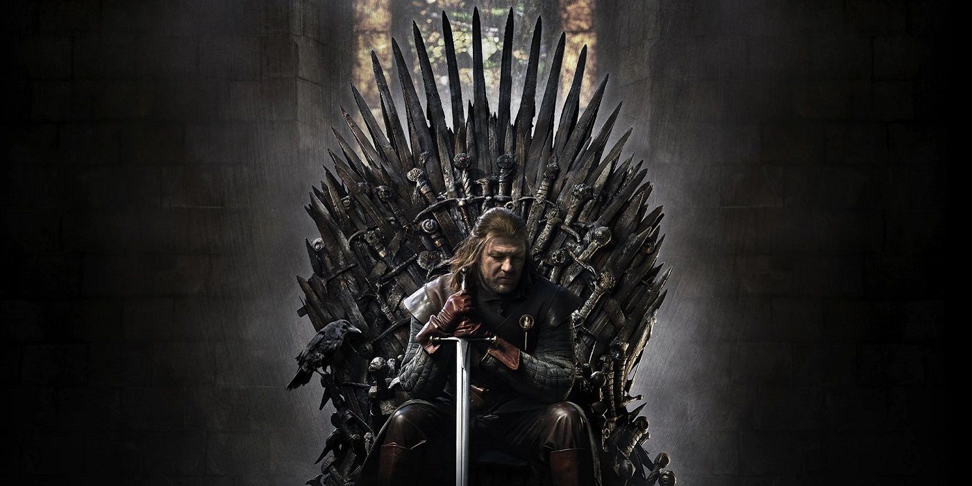 Ned Stark sitting on the Iron Throne.
