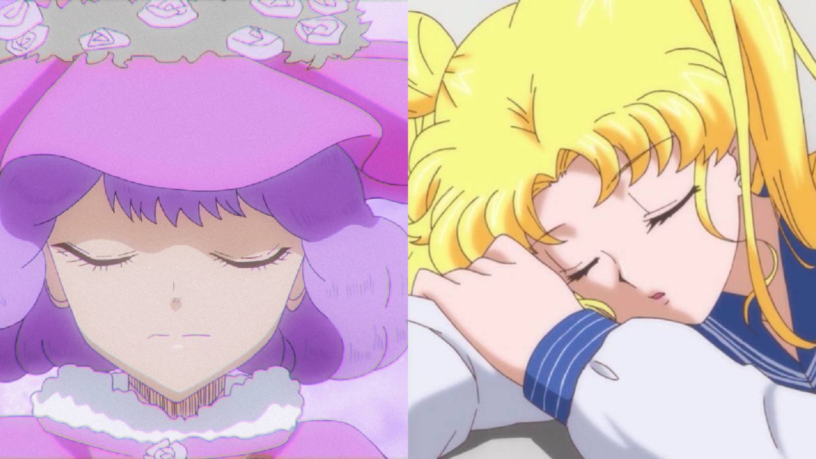 Split image of Black Clover's Dorothy Unsworth with her eyes closed and a sleeping Usagi from Sailor Moon